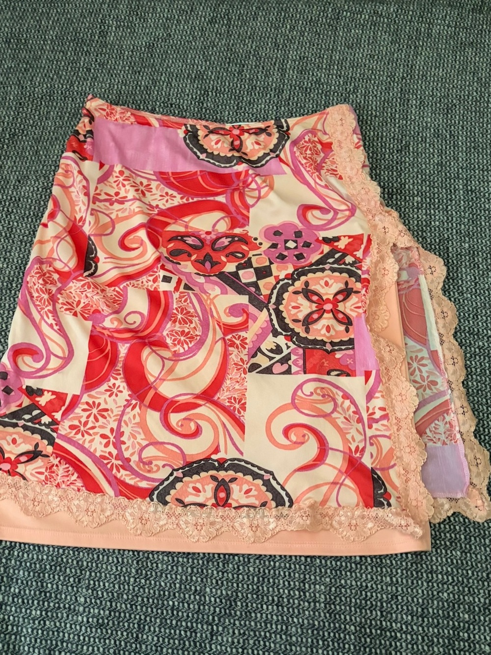 Vibrant Pink & Cream Printed Lace-Trim Slip Skirt
